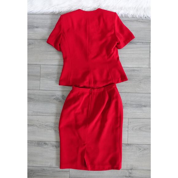 Vintage Retro 80s 90s Larry Levine Red Short Sleeve Skirt Blouse Suit Set 10 - Picture 2 of 13